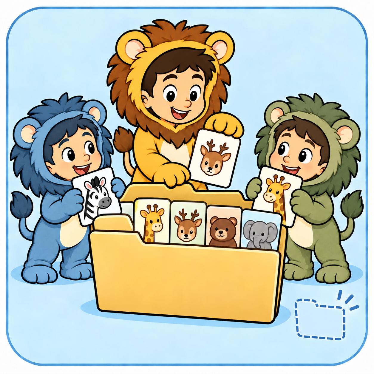 Taru and two lions remove animal cards from a large folder-shaped queue container until the empty folder fades away.