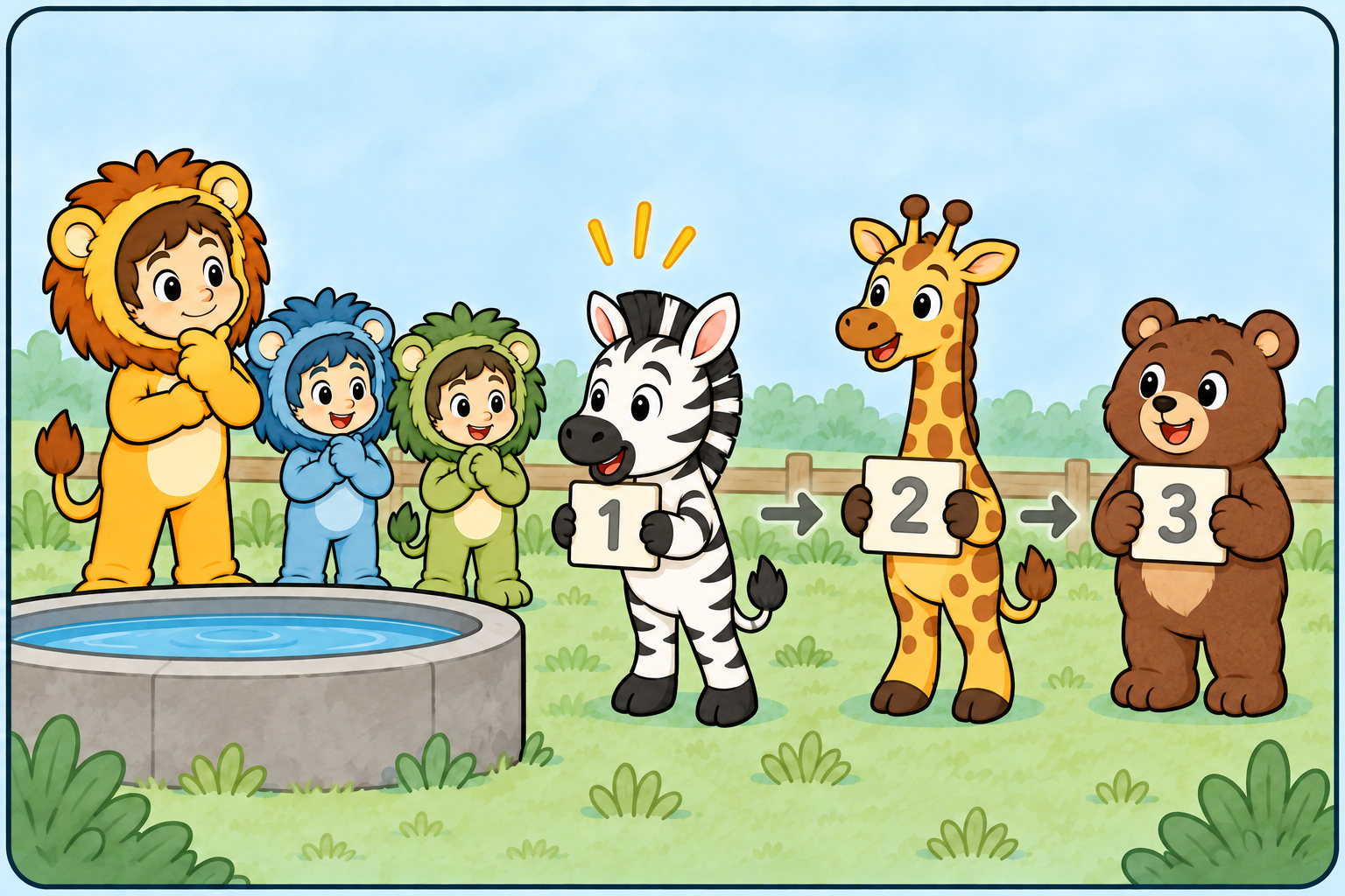Taru and two follower lions watch Zebra, Giraffe, and Bear wait in a numbered ephemeral queue.