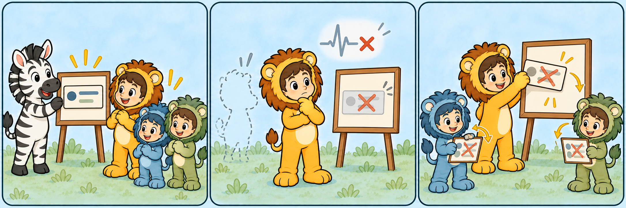 Three storyboard panels: Zebra shows its status to Taru and the followers, Zebra is absent and its heartbeat has stopped, then Taru and the two followers remove the stale status cards.