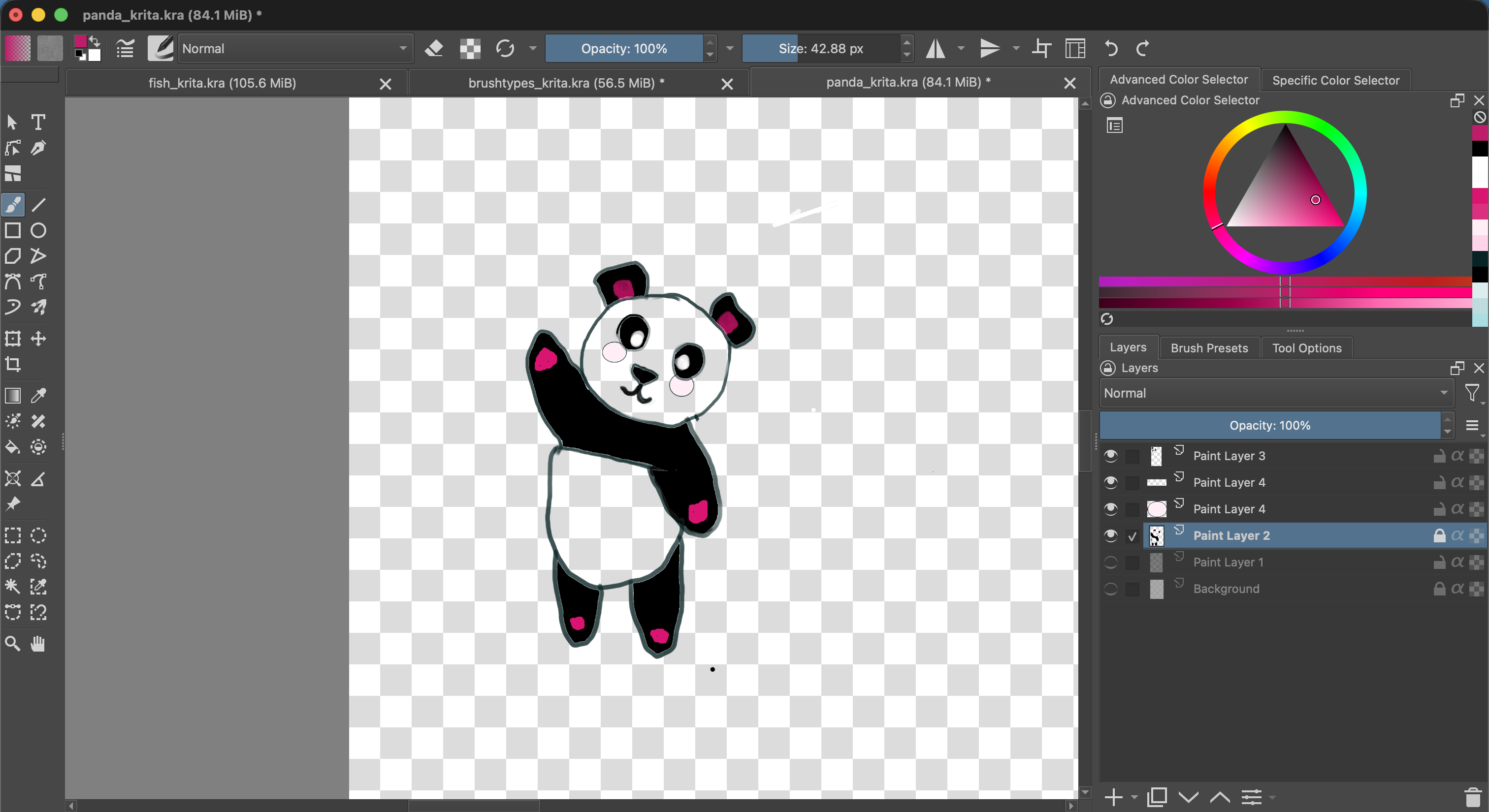 Krita with panda_krita.kra open. Paint Layer 2 is selected and layer lock is on. An image label says that edits are blocked.