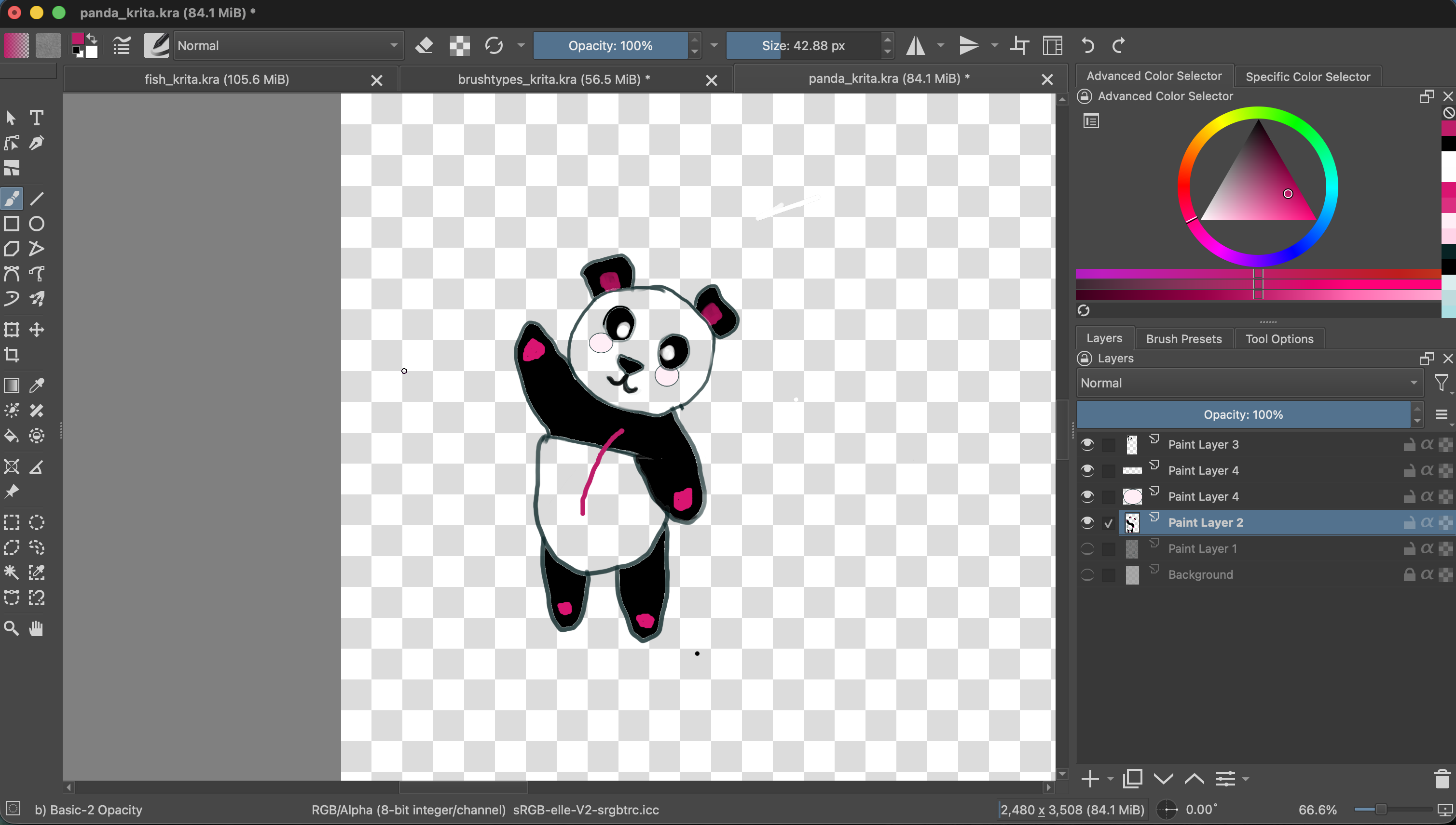A magenta test stroke crosses from the panda's black arm onto transparent checkerboard area of Paint Layer 2. Both layer lock and Alpha Lock are off.