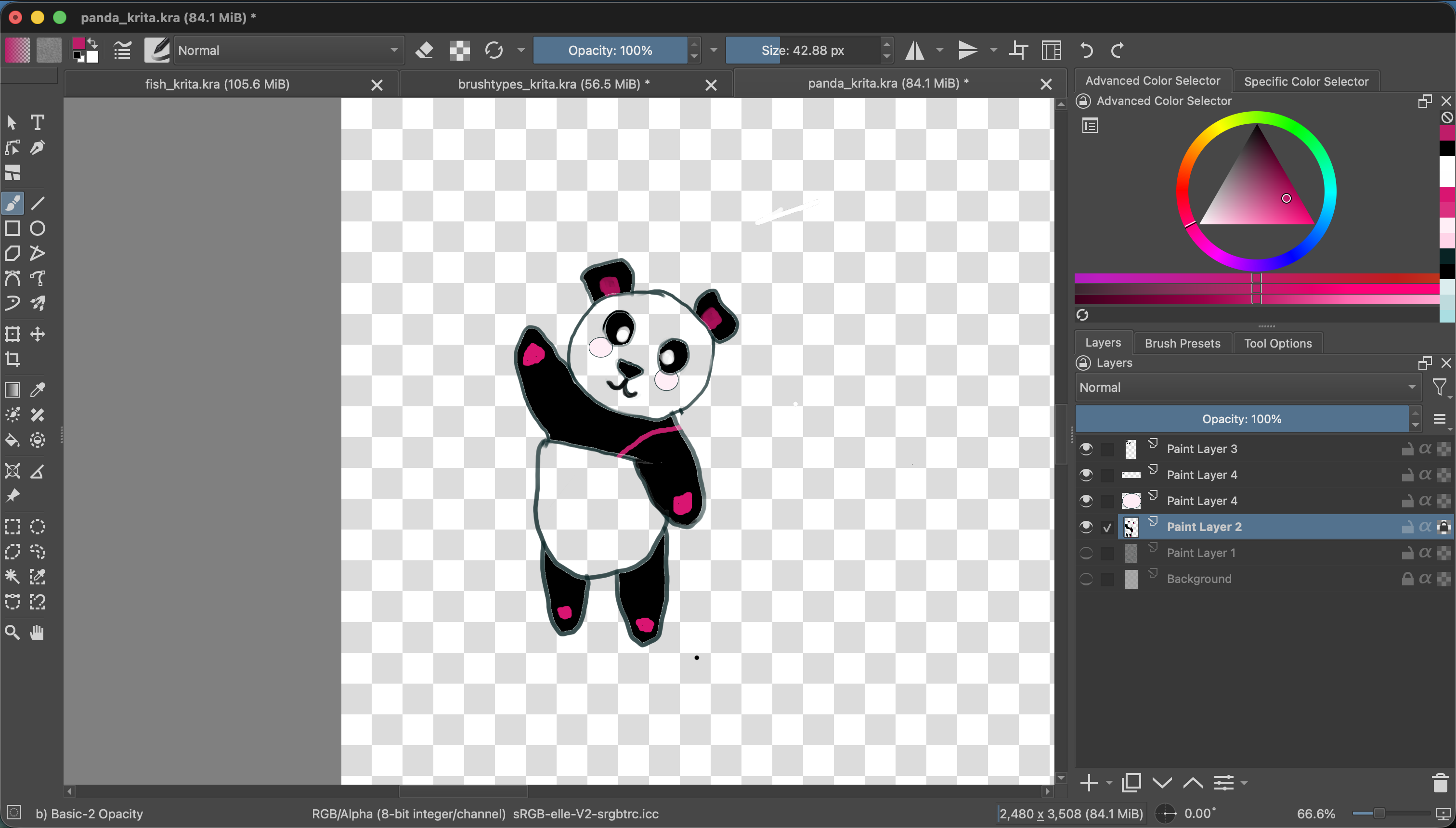 With Alpha Lock enabled on Paint Layer 2, the magenta test stroke appears only over existing painted pixels and does not cross into transparent areas.