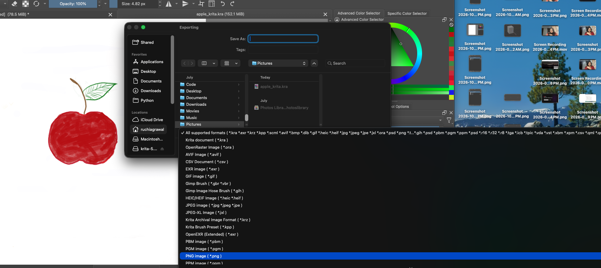 Krita export dialog with its supported file format list open and PNG image (*.png) highlighted.