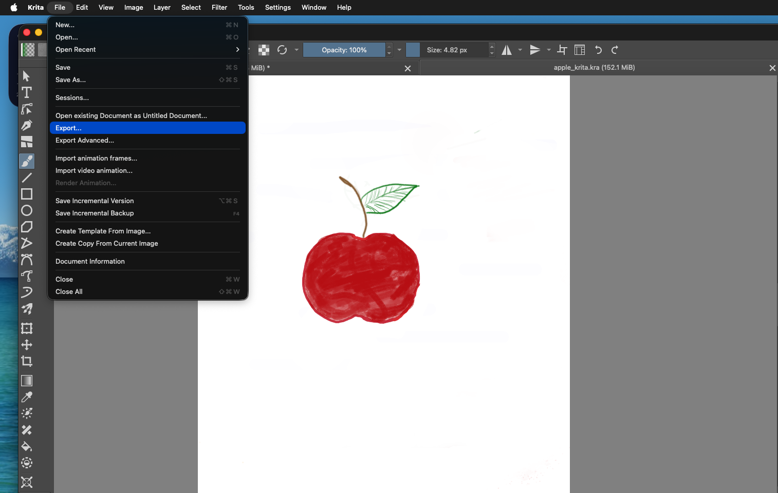 Krita File menu with Export selected for the saved apple_krita.kra document.