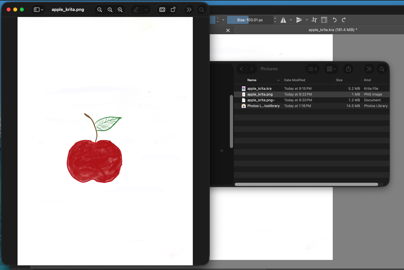 The exported apple_krita.png opened in an image viewer beside the saved apple_krita.kra file in the file browser.