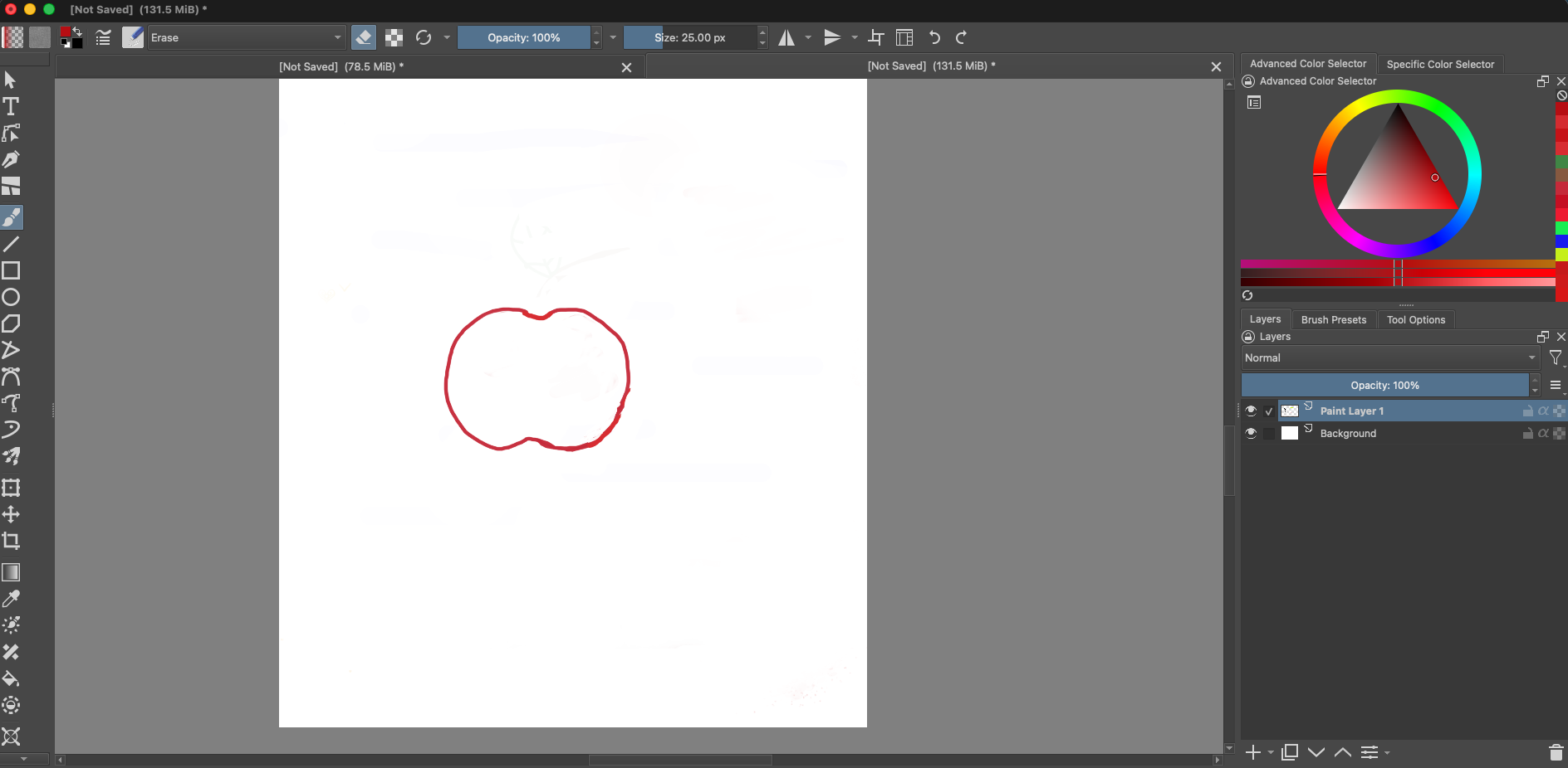 Krita canvas with a red apple outline drawn on the selected Paint Layer 1. The eraser control is active in the top toolbar.