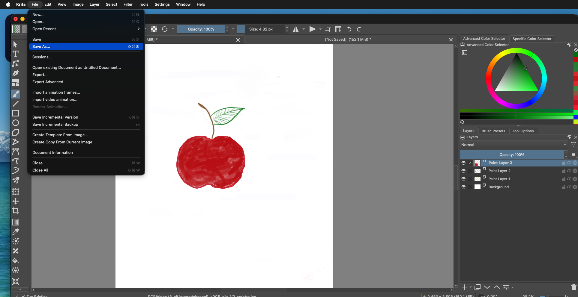 Krita File menu open with Save As selected. The canvas shows the red apple with a brown stem and green leaf.