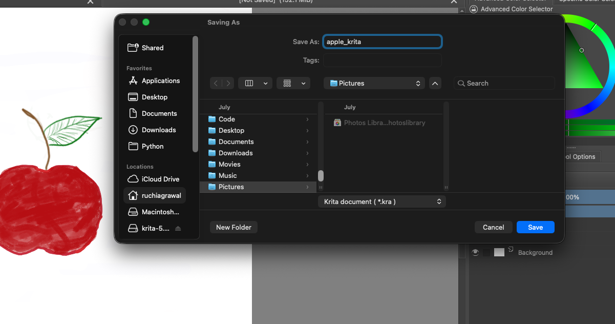 Krita Save As dialog with apple_krita as the filename and Krita document (*.kra) selected as the file type.