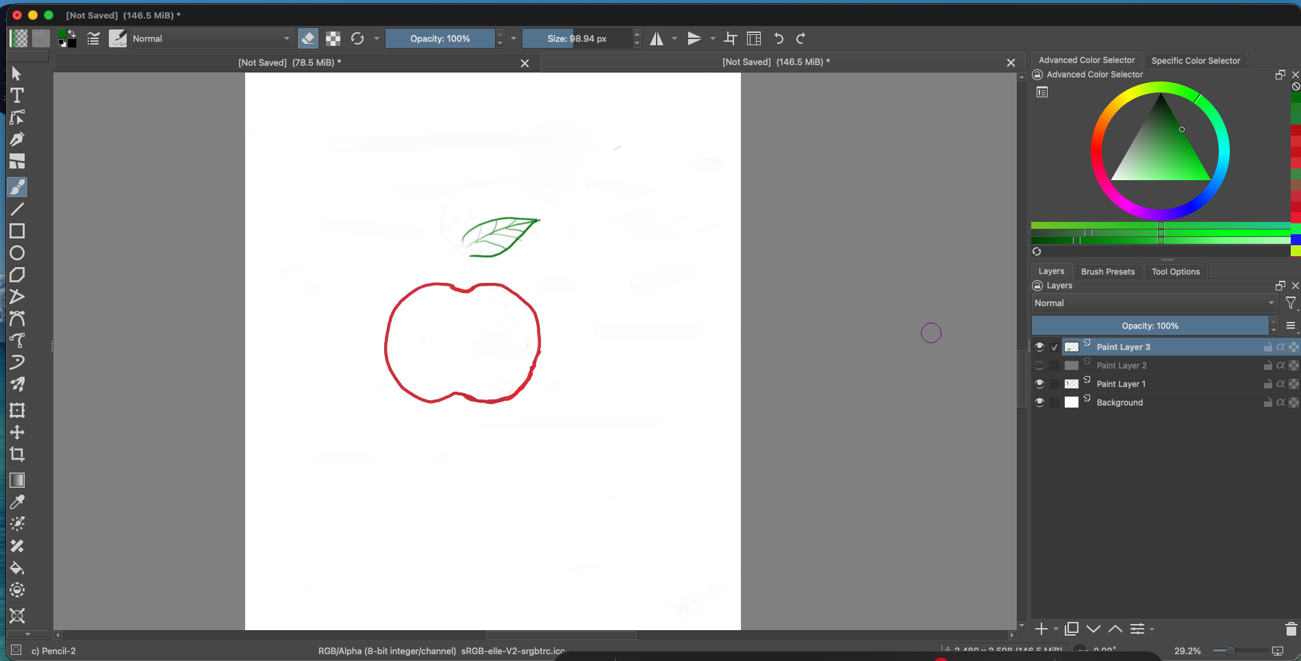 Krita canvas showing the apple outline and green leaf with the stem hidden. In the Layers docker, Paint Layer 2 visibility is off while Paint Layer 1, Paint Layer 3, and Background remain visible.