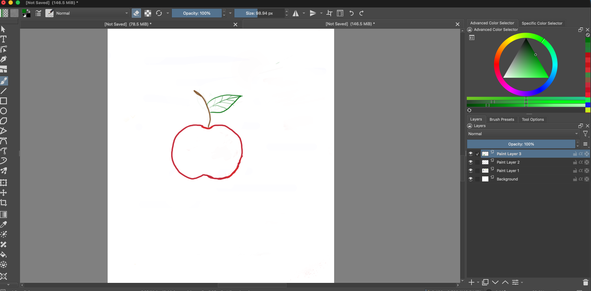 Krita canvas showing the red apple outline with a brown stem and green leaf. The Layers docker has Paint Layer 3 selected above Paint Layer 2, Paint Layer 1, and Background.