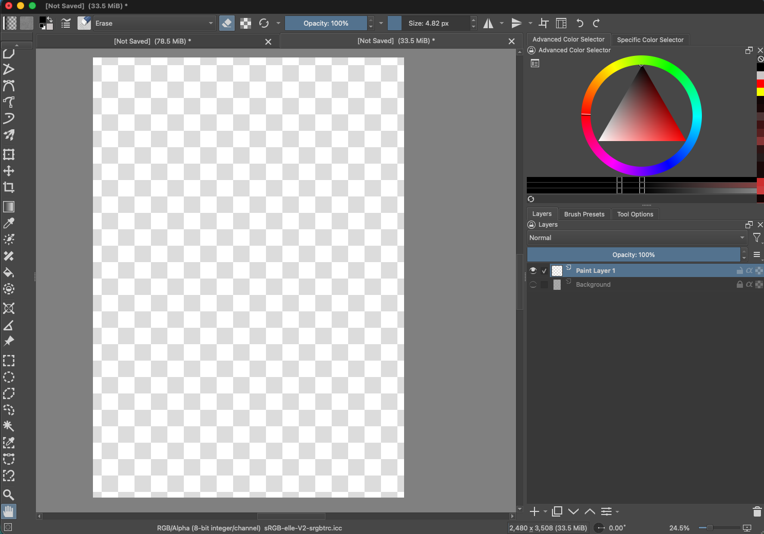 Krita workspace after hiding the Background layer. Its eye is off and the white canvas is replaced by a gray and white checkerboard, showing transparency.