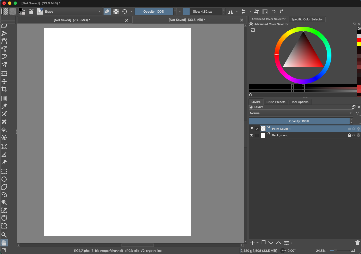 Krita workspace with both layer visibility eyes on. The canvas is solid white because the Background layer is visible.