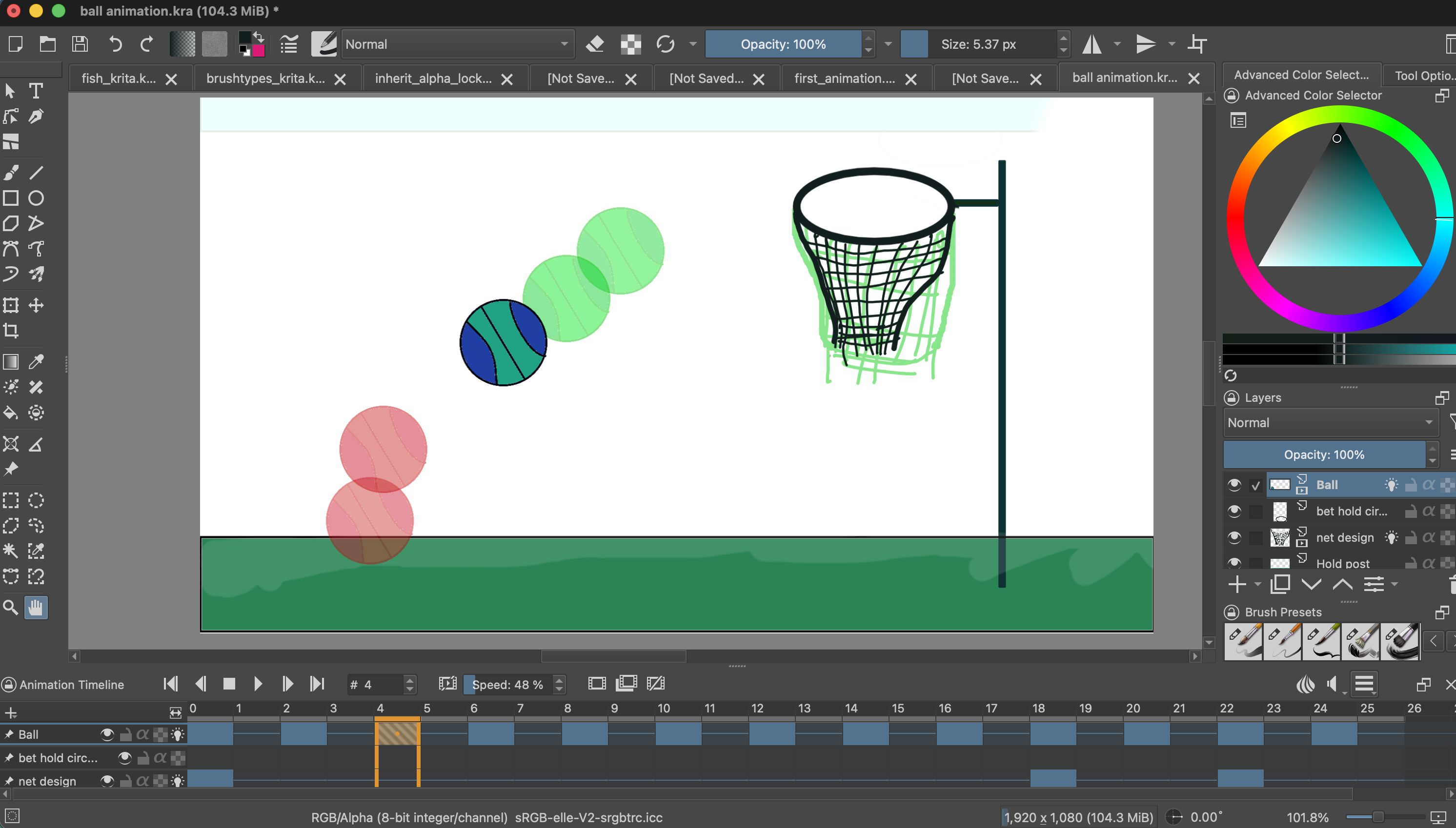 Krita showing a colored ball at the selected frame with faint red onion-skin copies below and faint green copies above. A yellow and red box marks the Onion Skin lightbulb toggle in the Ball layer row of the Animation Timeline.