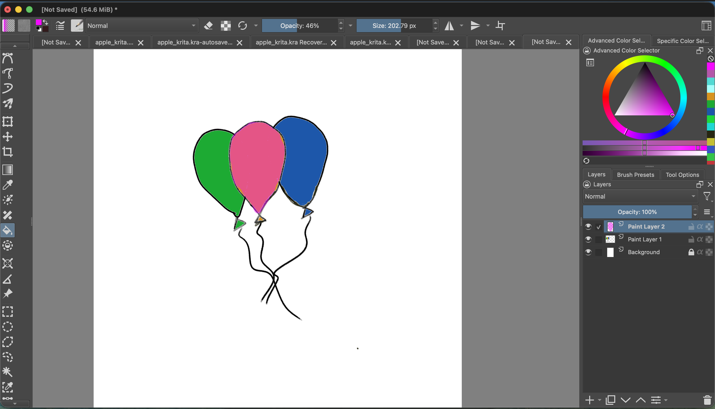 Krita showing the middle balloon filled pink. Paint Layer 2 is selected above Paint Layer 1, which holds the original balloon outlines.