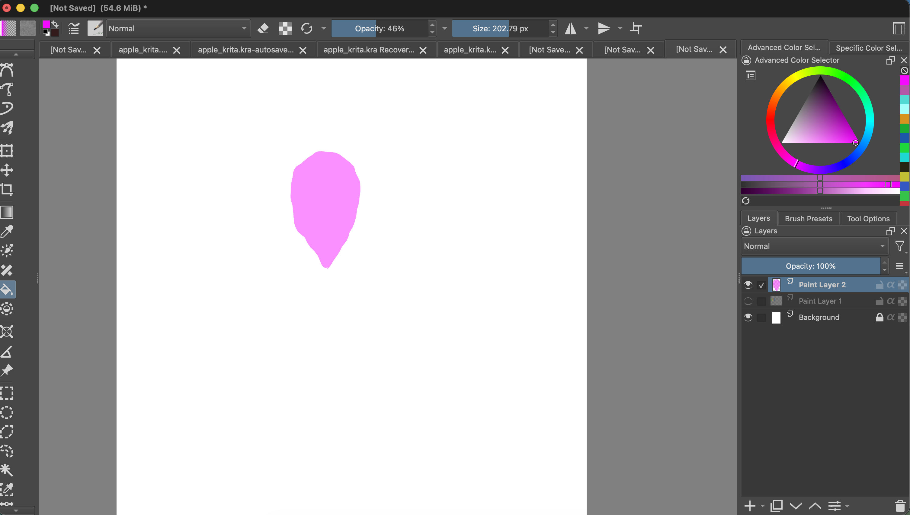 Krita with Paint Layer 1 hidden, so the black balloon outlines disappear and only the pink fill on Paint Layer 2 remains visible.