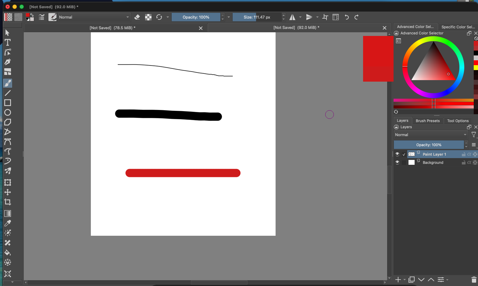 Krita workspace with the Advanced Color Selector docker at the upper right and a red foreground color swatch in the top toolbar. A red brush stroke on the canvas shows the selected color.