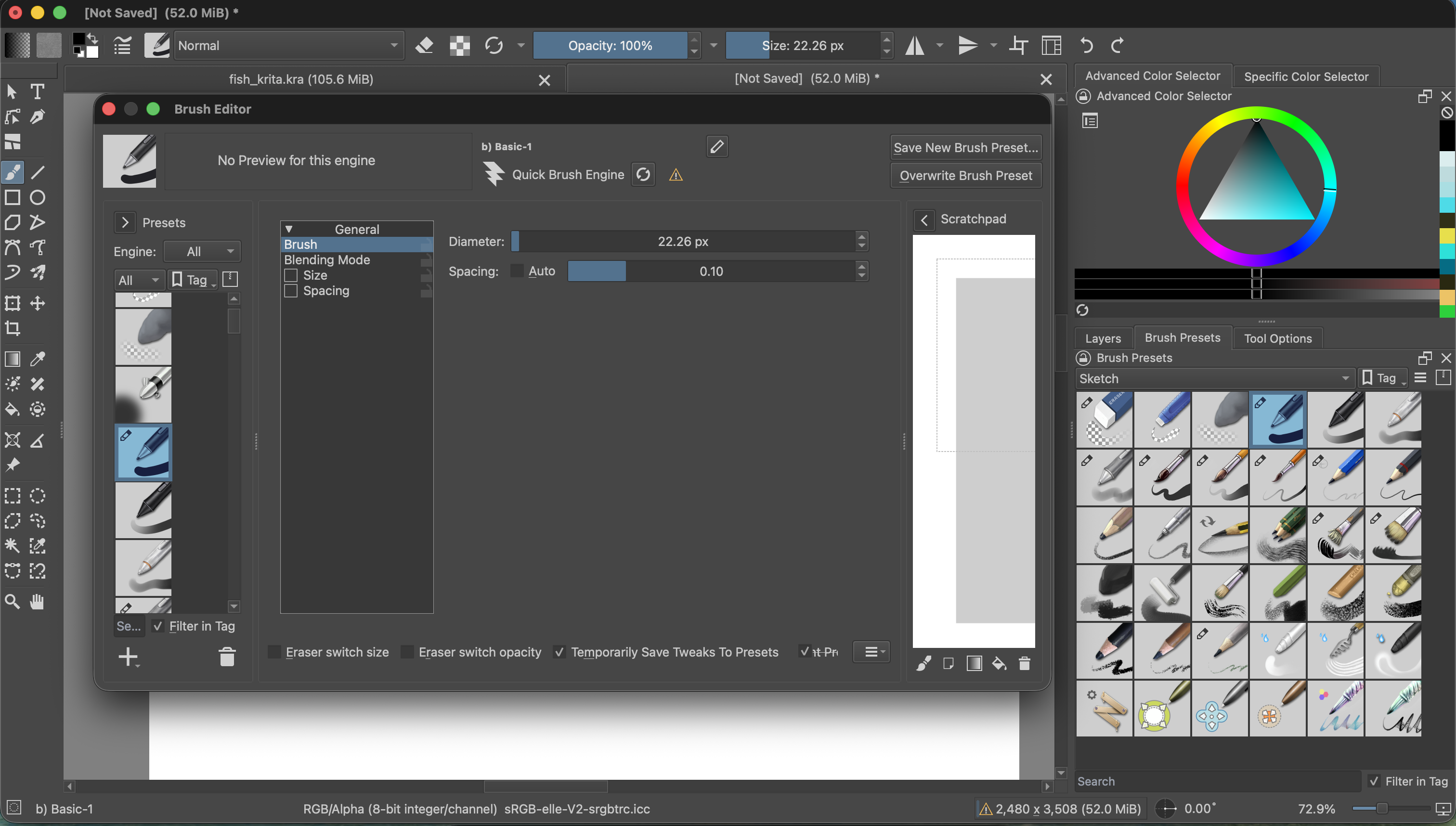 Krita Brush Editor open for the Basic-1 brush. The Quick Brush Engine property list shows Brush, Blending Mode, Size, and Spacing options.