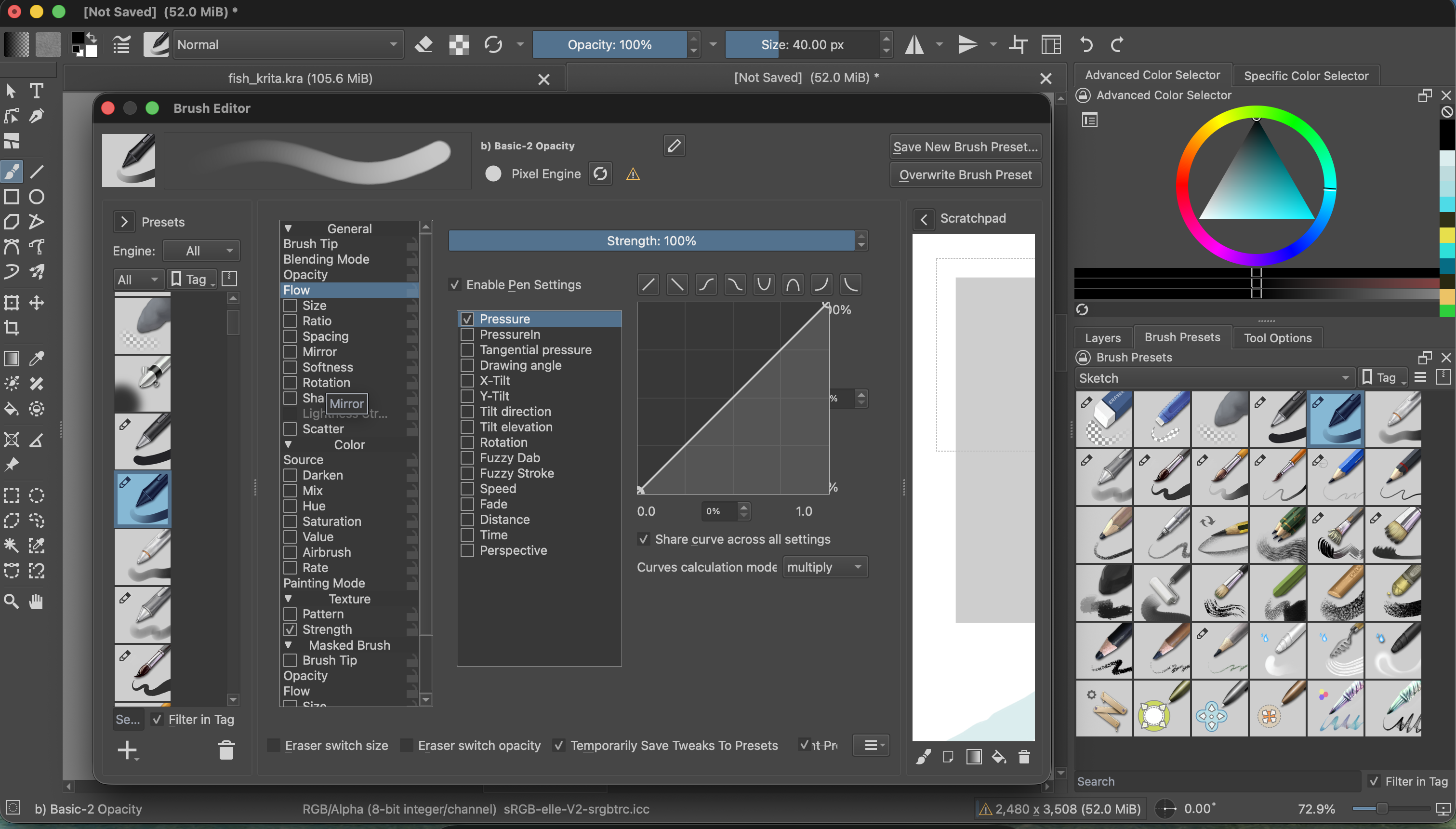 Krita Brush Editor for Basic-2 Opacity. Flow is selected in the property list, and Enable Pen Settings and the Pressure sensor are checked.