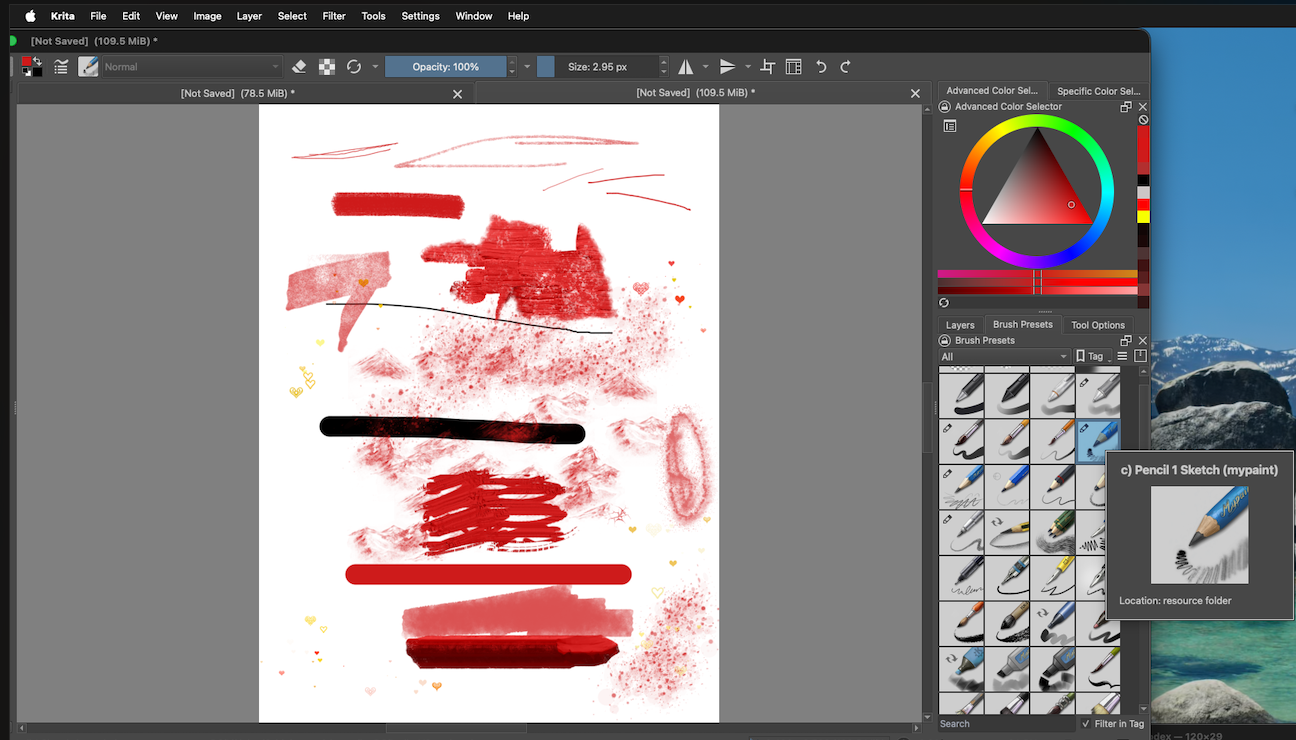 Krita canvas with test marks made using different brush presets. The Brush Presets docker is open on the right, and a hover tooltip shows the name and preview of a brush preset.