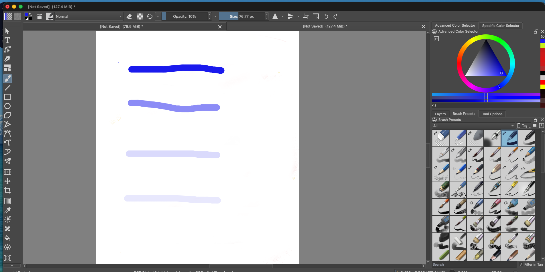 Krita canvas with four blue brush strokes showing decreasing opacity from top to bottom: 100%, 50%, 25%, and 10%. A red and yellow outline marks the Opacity control in the top toolbar, currently set to 10%.