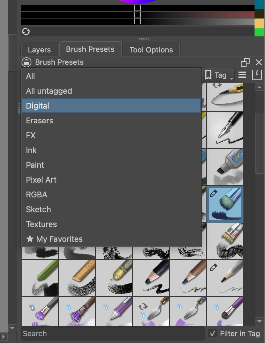 Krita Brush Presets docker with its tag menu open. The Sketch tag is selected among categories such as Ink, Paint, Pixel Art, Textures, and Digital.