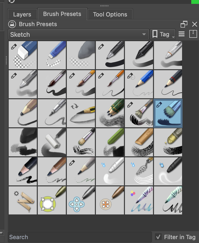 Krita Brush Presets docker showing a grid of brush thumbnails, including pencils, pens, textured brushes, and paint brushes. The Sketch tag is selected.