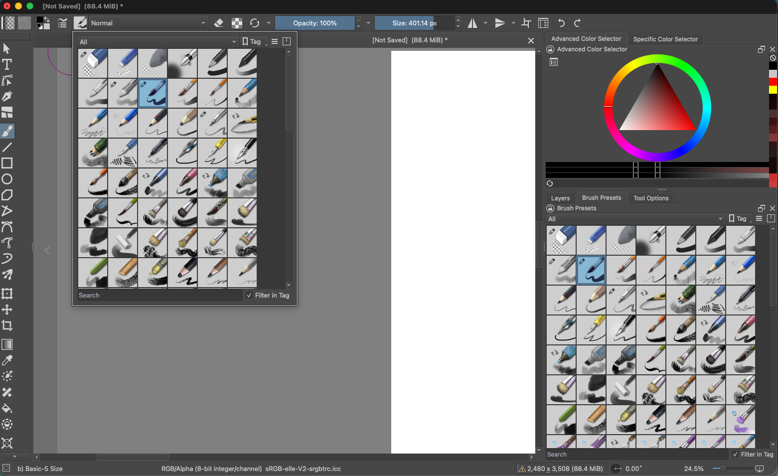 Krita workspace with the Brush Tool selected. Brush choices are open as a popup from the top toolbar, and the Brush Presets docker is also open on the right; both show brush thumbnails.