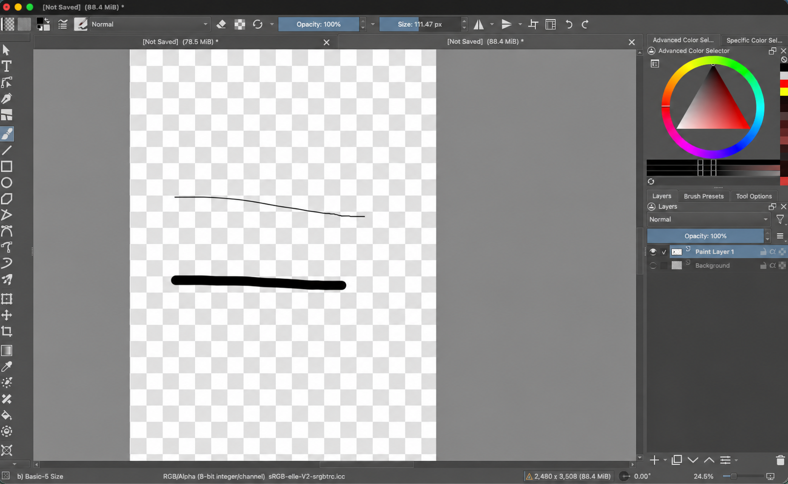 Krita canvas showing two black brush strokes on a transparency checkerboard. Paint Layer 1 remains visible and selected; the Background layer eye is off. A red and yellow outline marks the closed Background eye.
