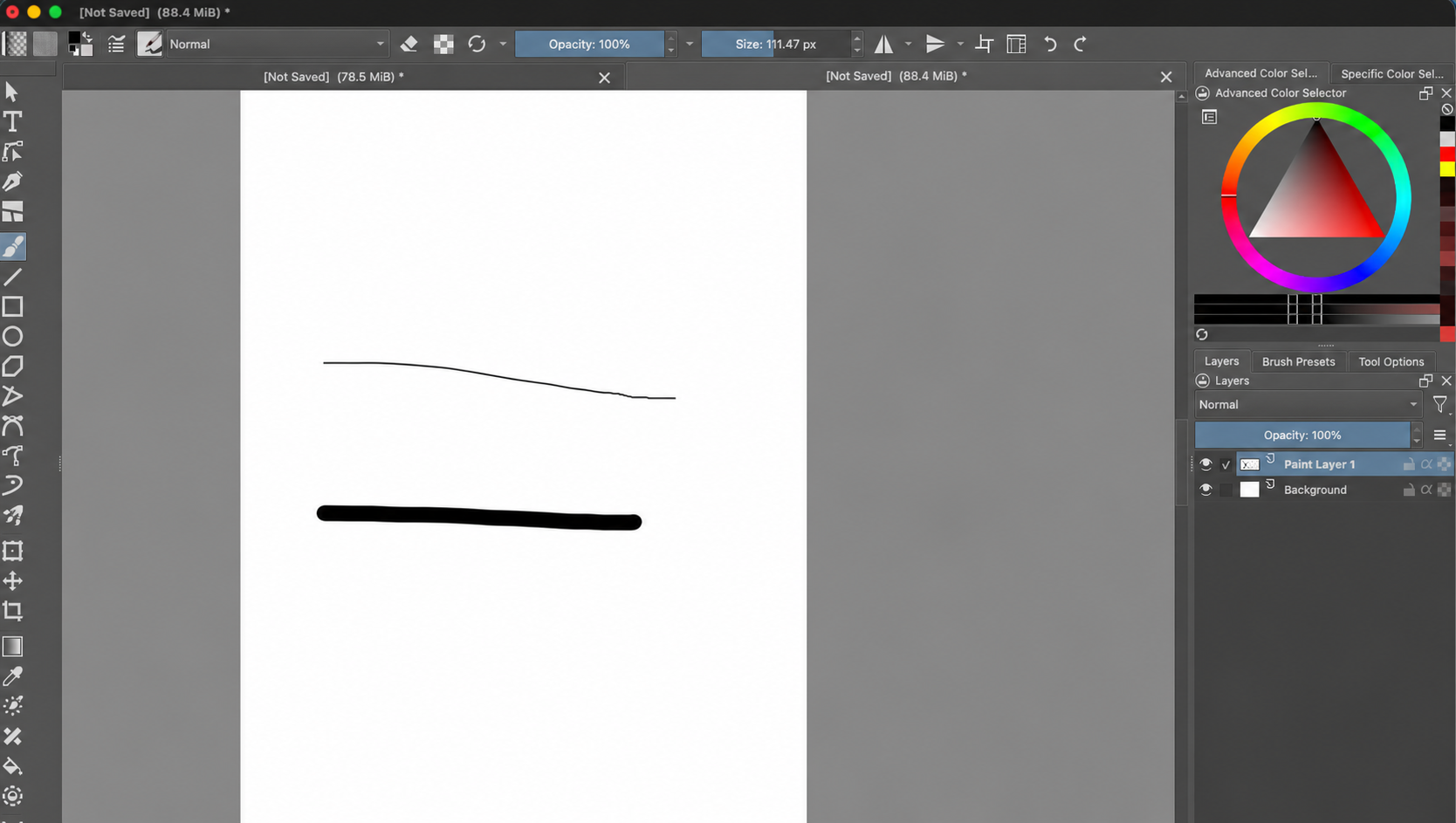 Krita canvas with a thin line made using a smaller brush size and a thick line made using a larger brush size on the selected Paint Layer 1. A red and yellow outline marks the Size field.