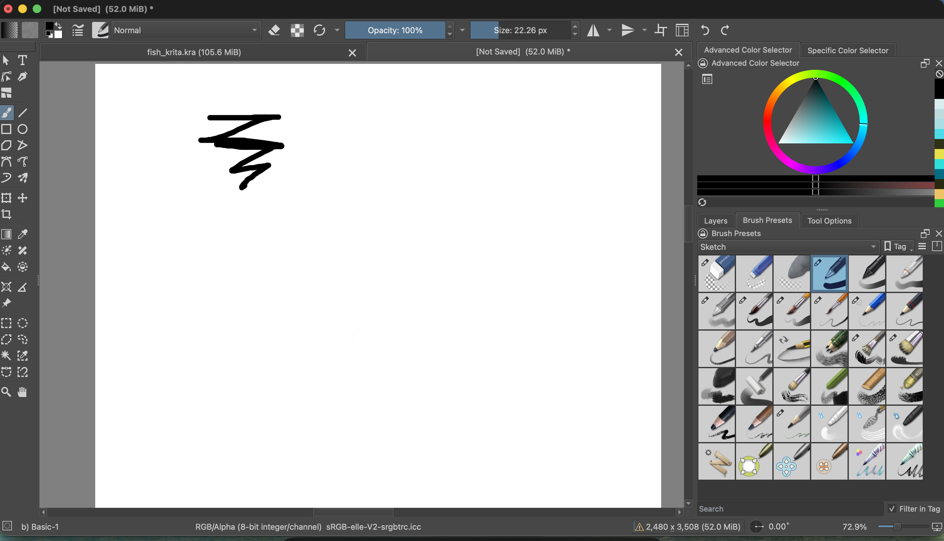 Krita canvas with a dark loose brush test stroke at the upper-left. The Sketch preset tag is selected in Brush Presets, and Basic-1 is the current brush.