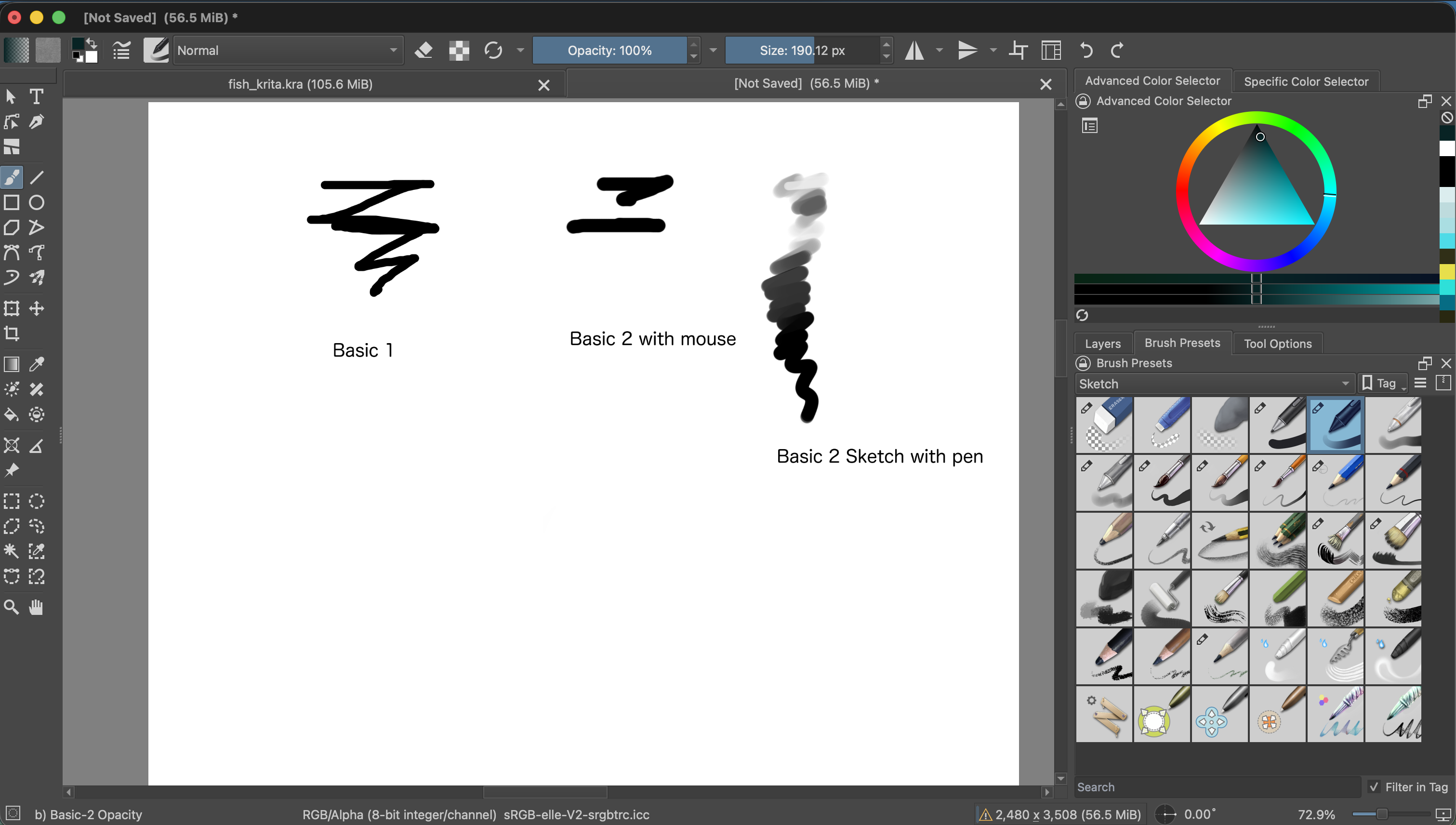 Krita test sheet comparing Basic 1, Basic 2 with mouse, and Basic 2 Sketch with pen. The selected brush name, Basic-2 Opacity, is visible at the bottom-left of the Krita window.