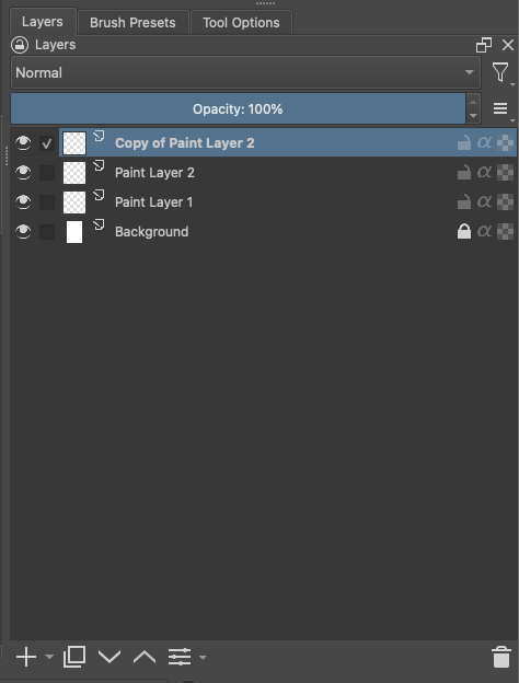 Krita Layers docker after duplicating Paint Layer 2. A green box highlights the new Copy of Paint Layer 2 row; a red and yellow box highlights the Duplicate button at the bottom.