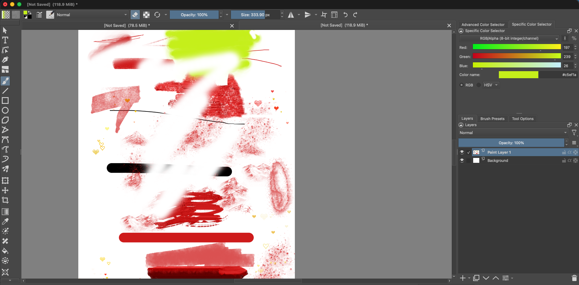 Krita workspace with the eraser control selected in the top toolbar, the Size field set to 333.90 px, and Paint Layer 1 selected in the Layers docker as erased areas appear on the canvas.
