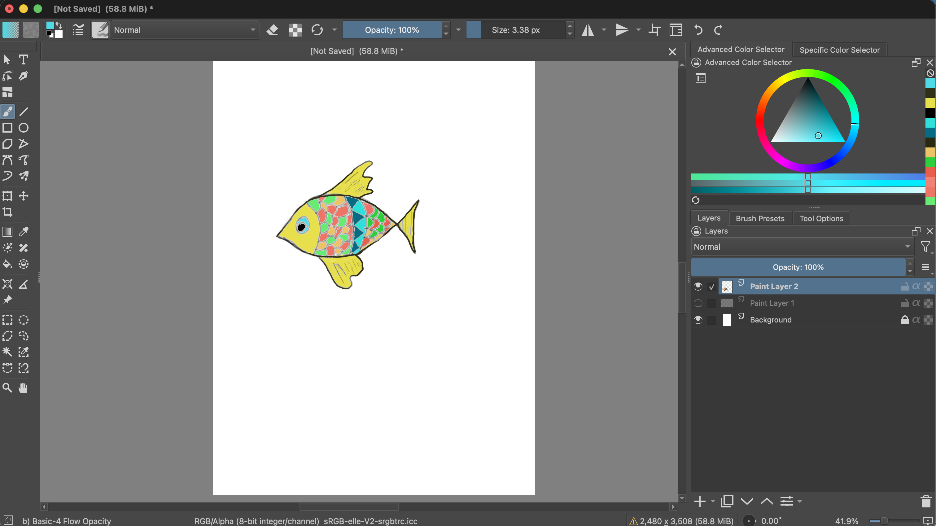 A colorful fish on a white canvas, with the Paint Layer 2 row selected in Krita's Layers docker.