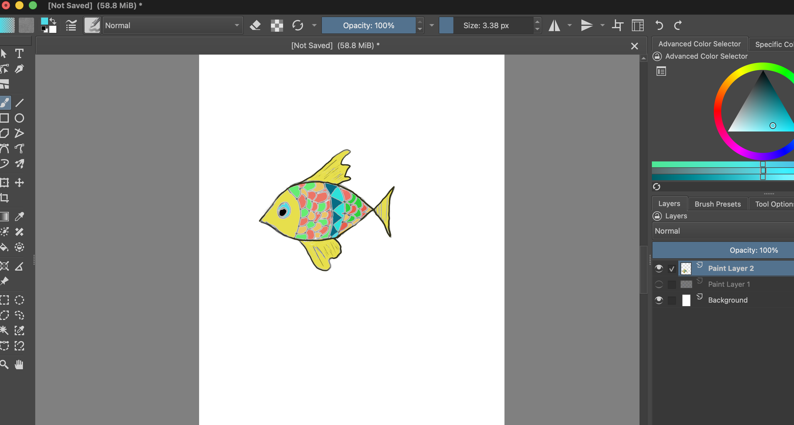 Krita canvas with one colorful yellow fish on a white background. Paint Layer 2 is selected in the Layers docker.