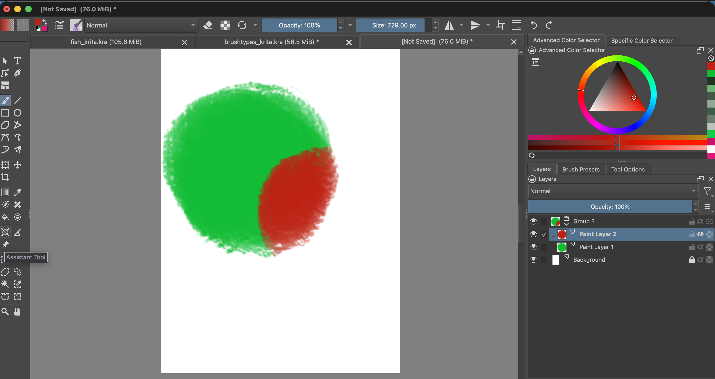 The red shape is clipped to the green circle. The Layers docker shows the red Paint Layer 2 above the green Paint Layer 1 in Group 3, with Inherit Alpha enabled on the red layer.