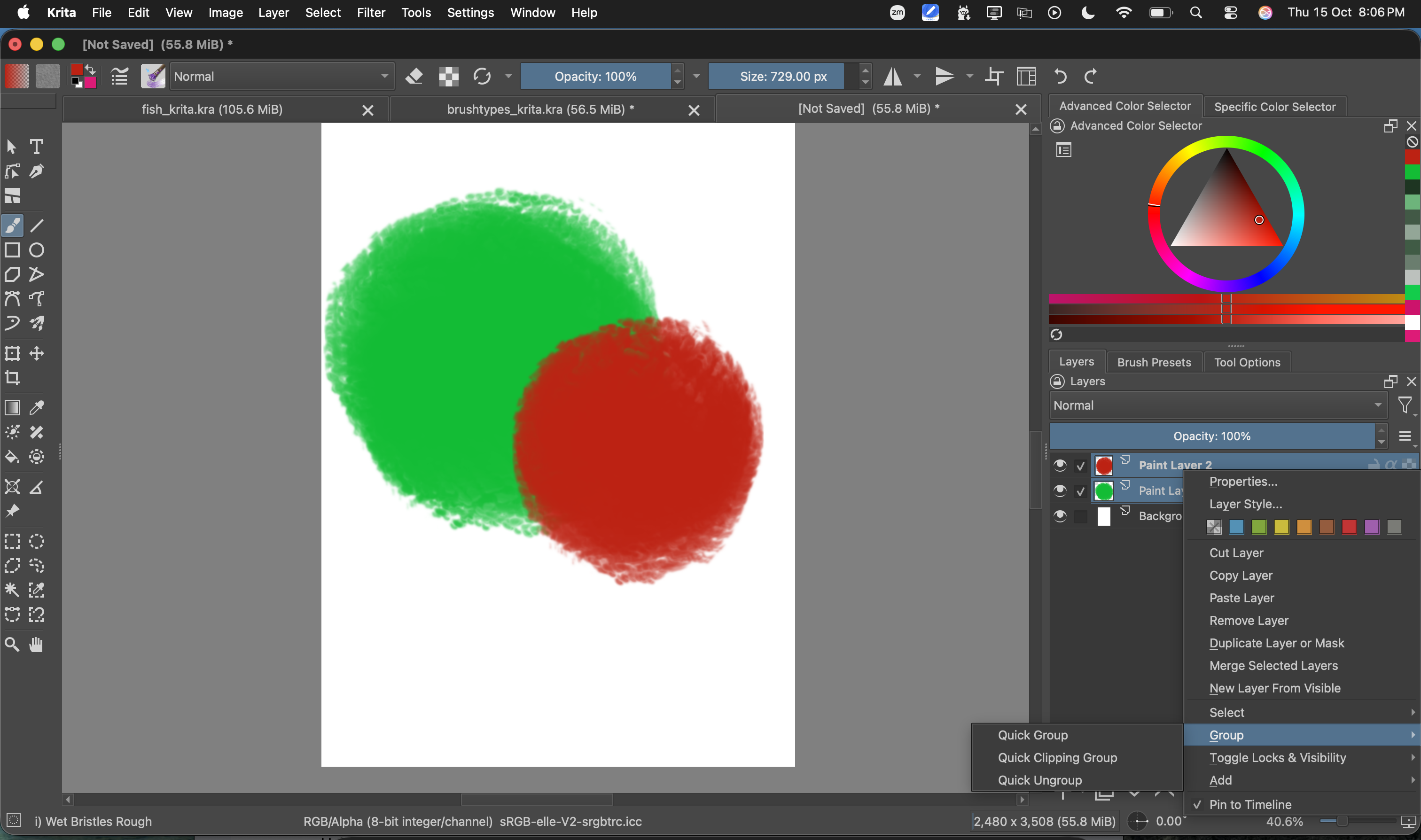 The layer context menu is open in Krita, with Group expanded and Quick Clipping Group visible as an option.