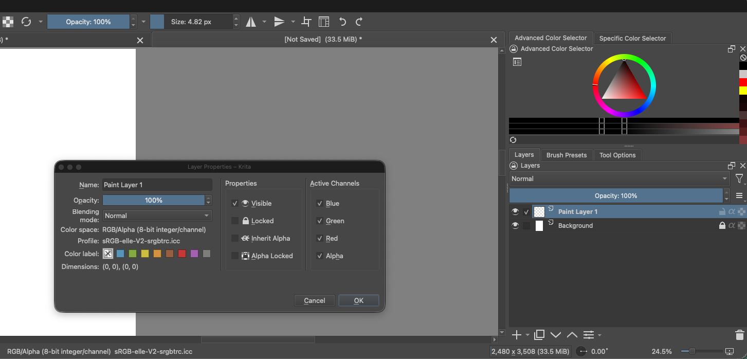 Krita workspace with the Layer Properties window open. A yellow and red outline highlights the window, and a red outline marks the Properties button at the bottom of the Layers docker.