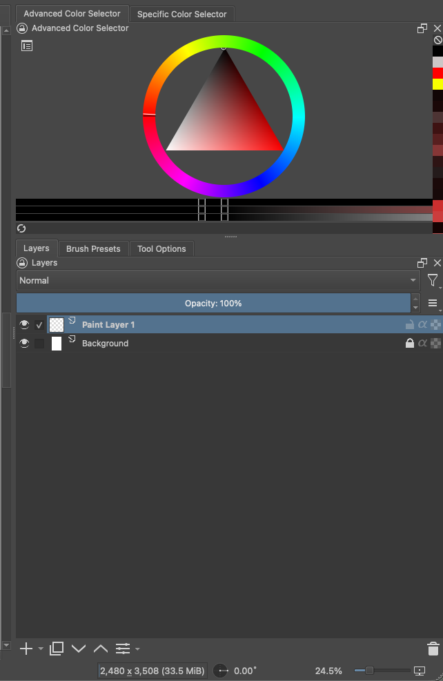 Krita side panel. A yellow outline surrounds the full Layers docker, a green outline marks its Layers tab and the Paint Layer 1 and Background rows, and a red outline marks the plus button for adding a layer.