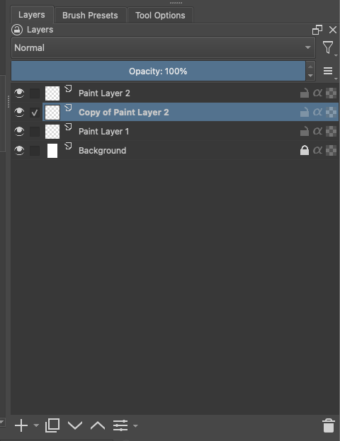 Krita Layers docker with Copy of Paint Layer 2 selected. Green highlights the selected layer row, red marks the move down arrow, and blue marks the move up arrow at the bottom.