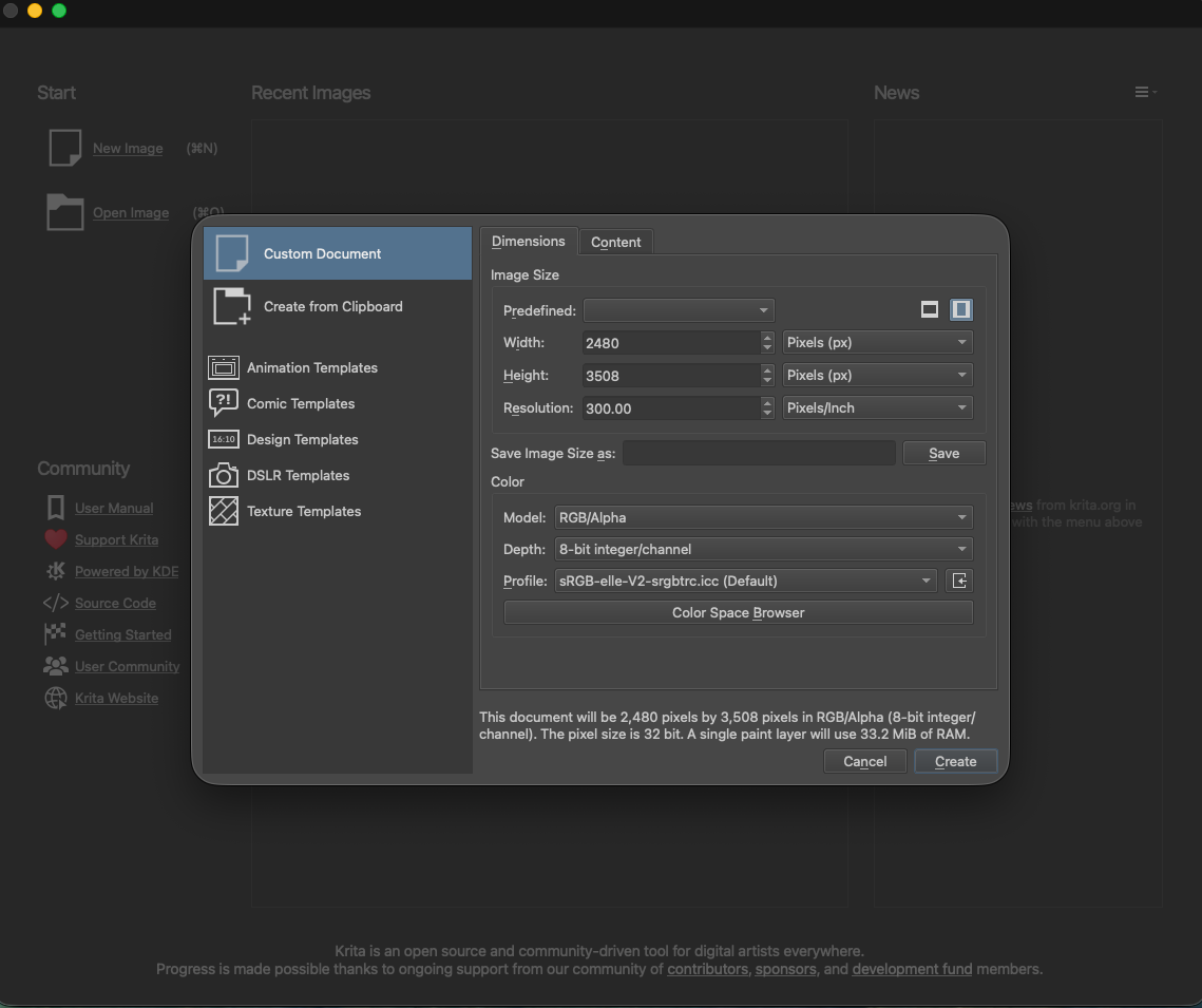 Krita New Document window. A red and yellow outline marks the full dialog, a green outline highlights Custom Document, and a red outline marks the Create button in the bottom right.