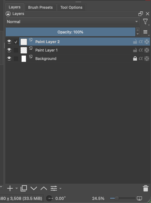 Krita Layers docker after adding a layer. A green box highlights the new selected Paint Layer 2 row, and a red box with a yellow edge highlights the plus button at the bottom left.