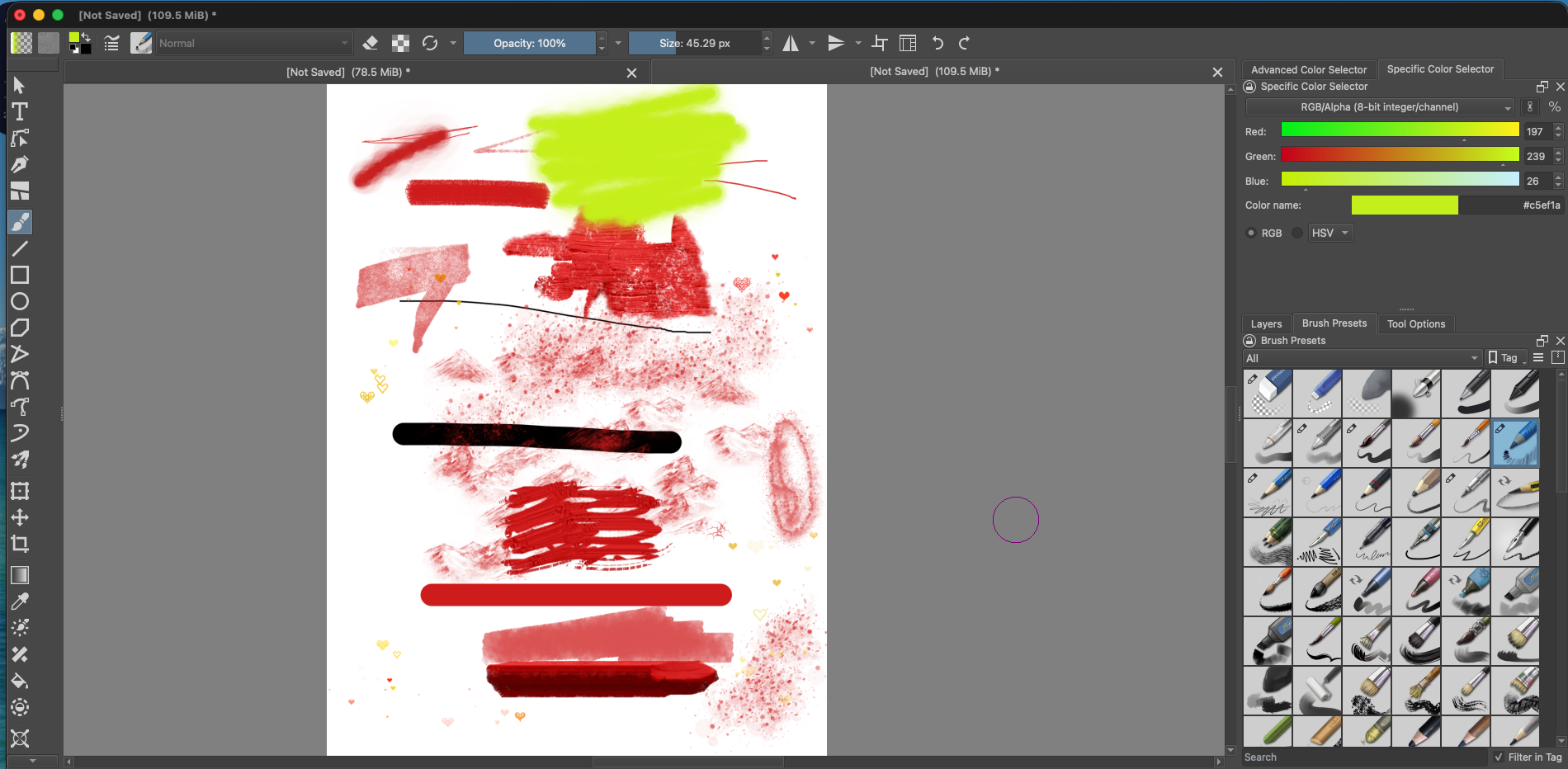 Krita workspace with the Specific Color Selector open in the upper-right. Red, green, blue numeric values and a color name field are highlighted.
