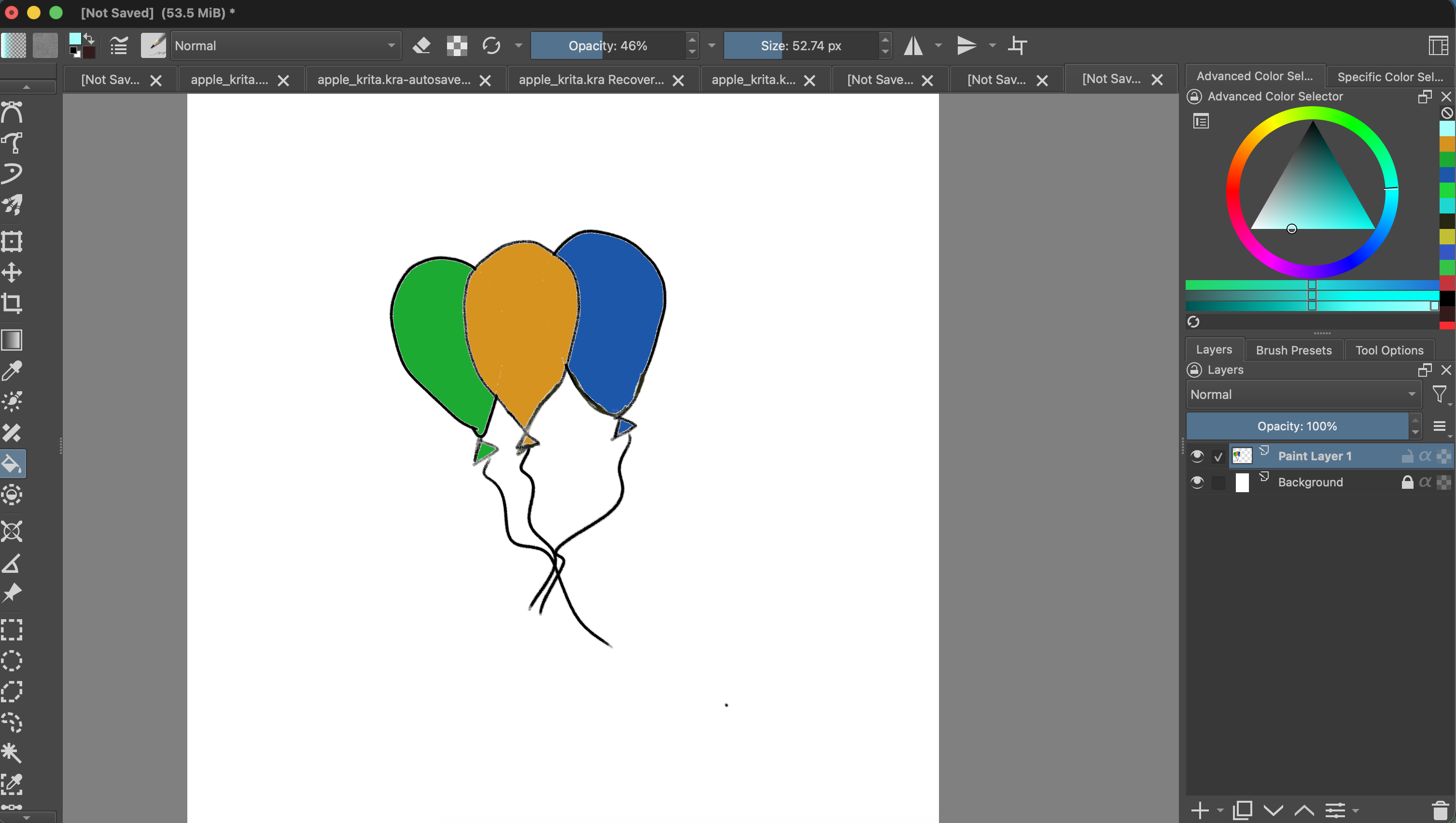 Krita canvas showing all three balloon interiors filled in green, orange, and blue. The Fill Tool is selected and Paint Layer 1 is selected in the Layers docker.