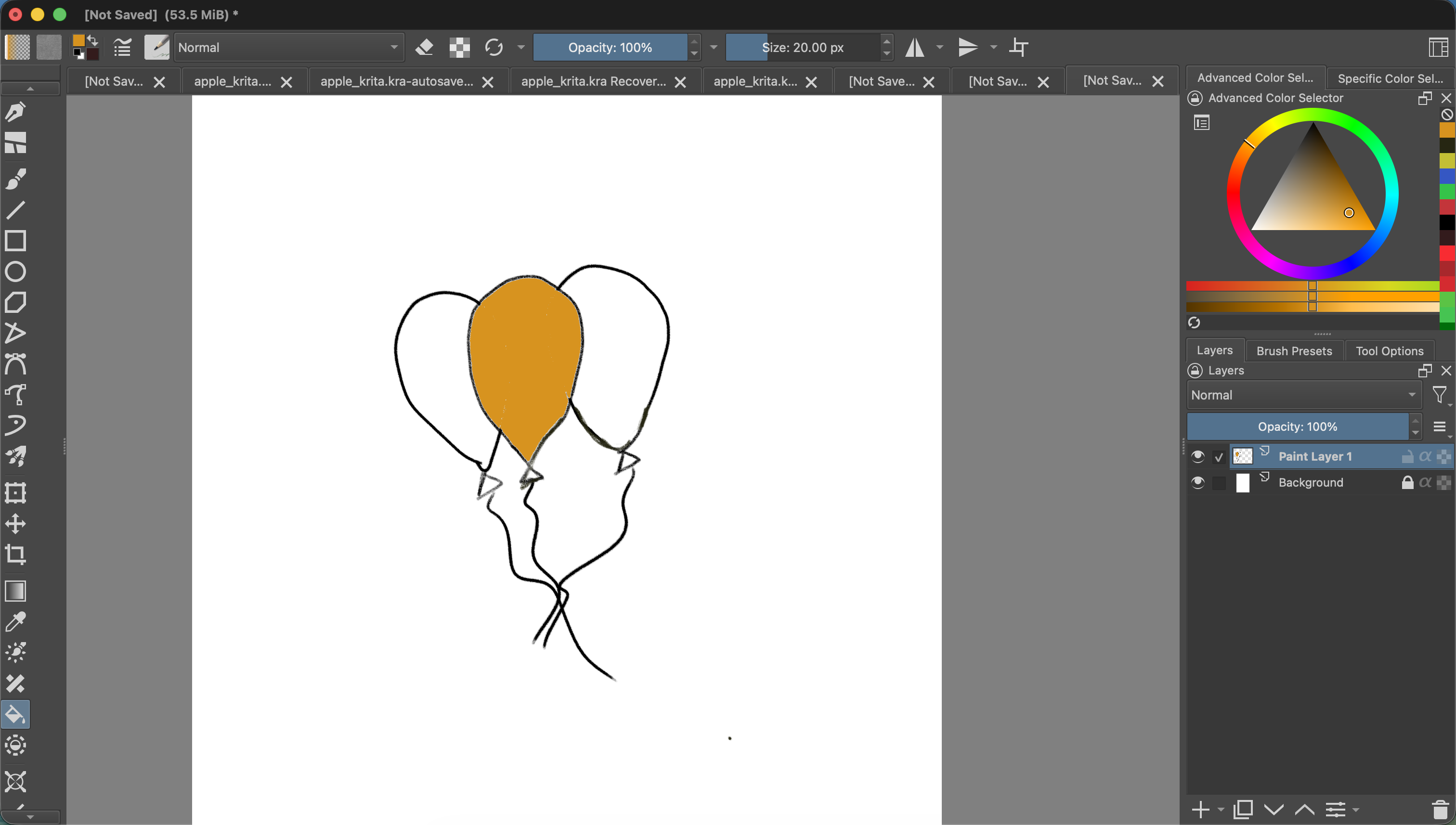 Krita canvas showing three balloon outlines with the middle balloon filled orange. The Fill Tool is selected, orange is selected in the Advanced Color Selector, and Paint Layer 1 is selected.