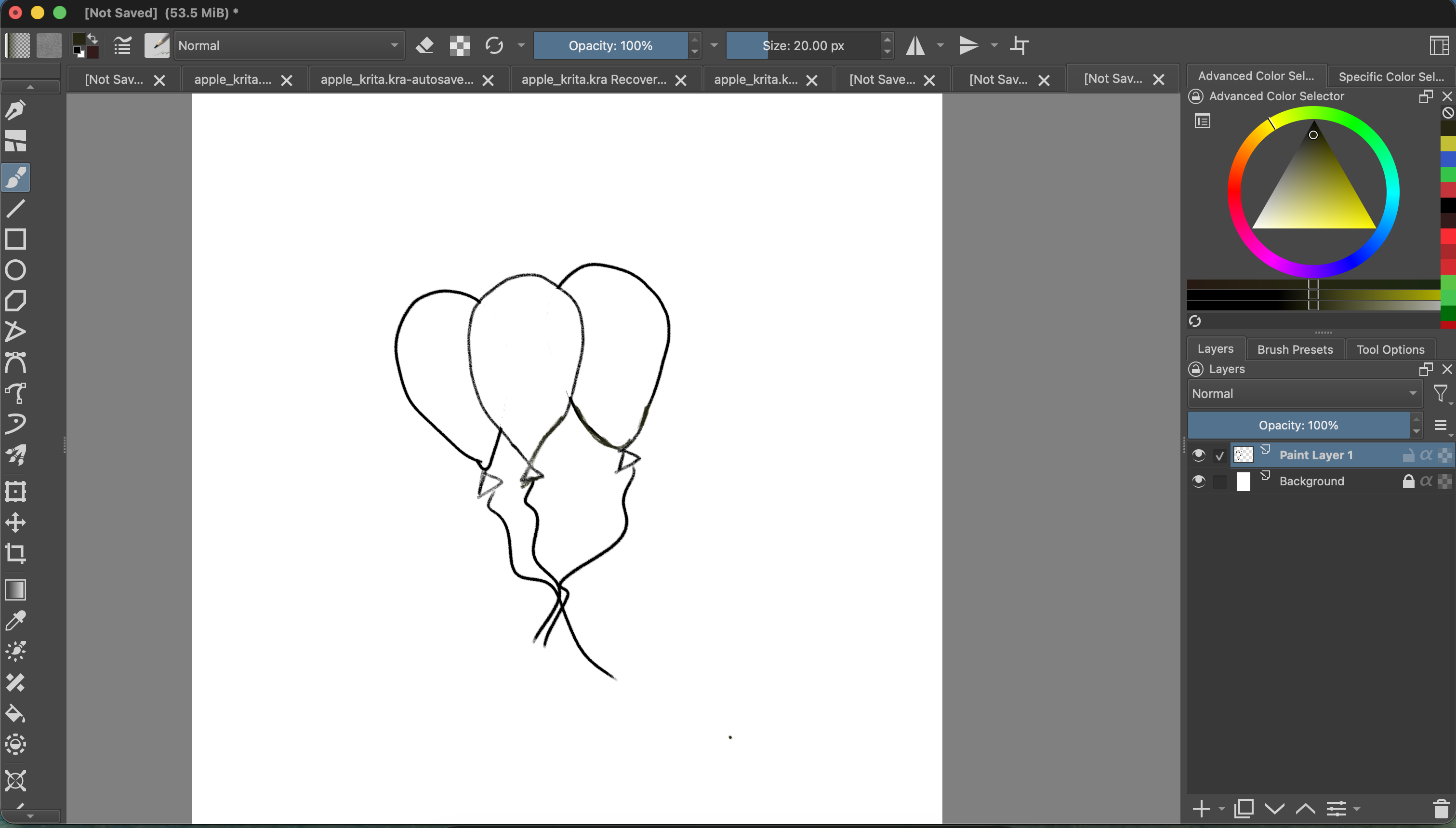 Krita canvas with three black balloon outlines. The Layers docker shows Paint Layer 1 selected above Background; all three outlines are on Paint Layer 1.