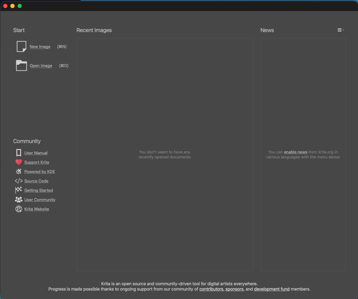 Krita welcome screen. A red outline highlights the New Image button in the upper-left Start section. Open Image is below it, Recent Images is in the center, and News is on the right.