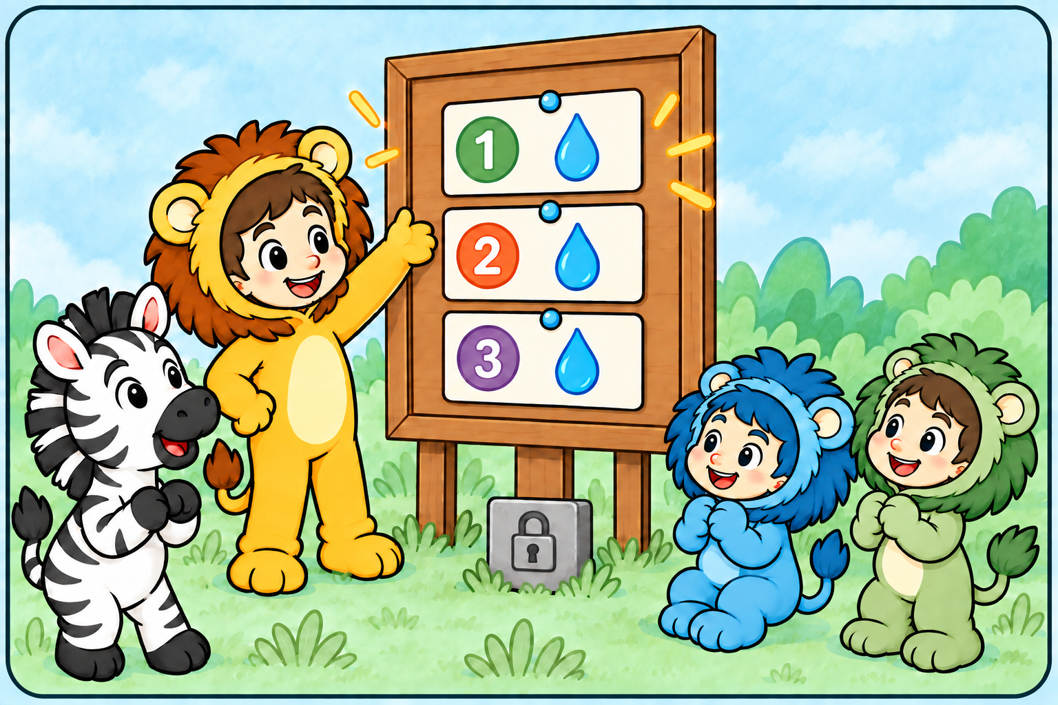 Taru displays three numbered announcement cards in increasing order for the zoo services.