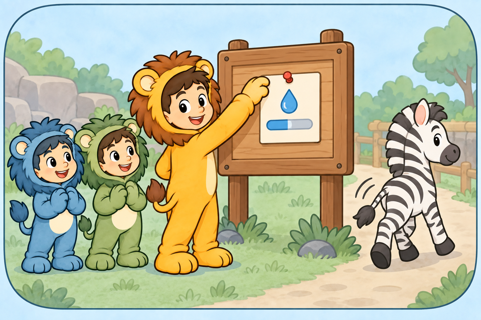Taru pins a water-limit status card to a board while Zebra walks away and the card remains.