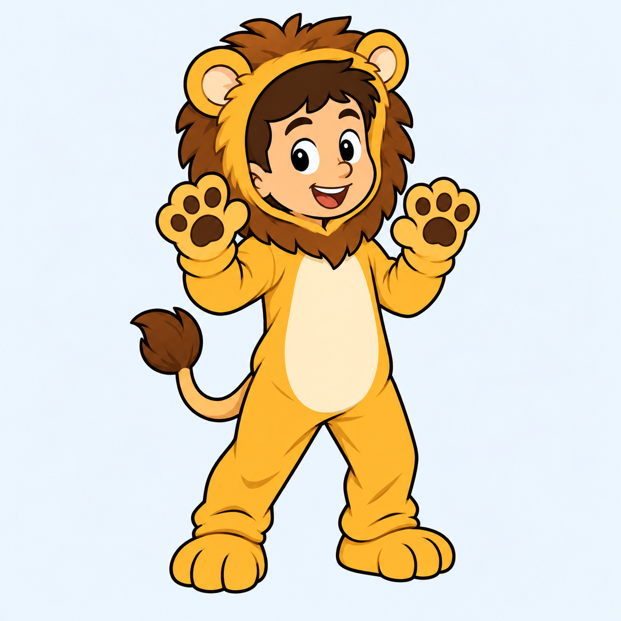 Taru arrives in his lion costume, raising his paws to get the animals’ attention.